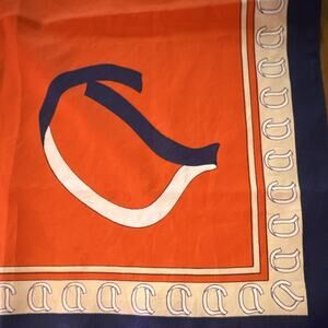 Women's Orange Blue White Silk Satin Square Scarf Logo Border Pattern equestrian